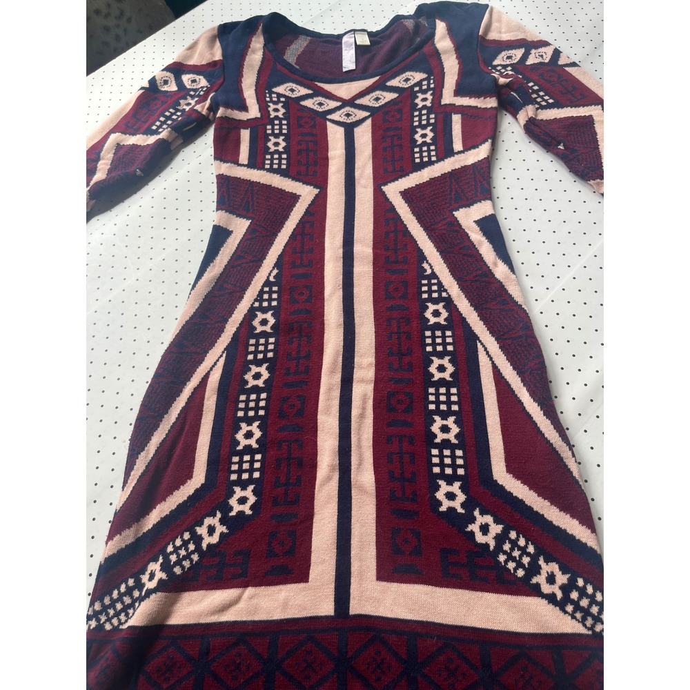 Alya Womens Geometric Intarsia Knit Long Sleeve Sweater Dress Burgundy Navy S - Picture 3 of 8